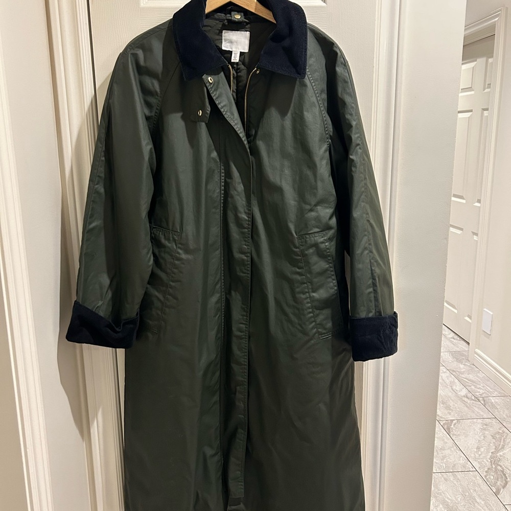 Olive Green Long Coat with Black Collar